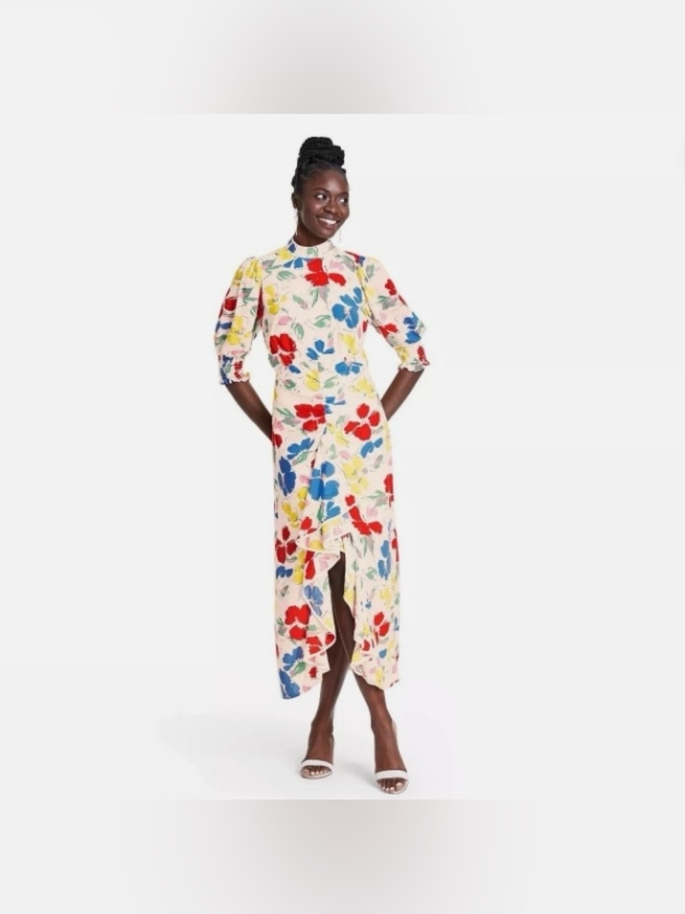 RIXO Target Floral Mock Neck Cascade Ruffle Dress, Size 12